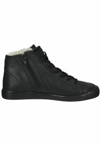 Baskets montantes en cuir noir avec une finition texturée, dotées de lacets à l'avant, de zips sur les côtés et d'un doublure douce et pelucheuse.