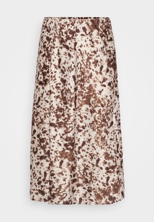 Mid-length skirt made of smooth fabric, featuring a cream base with brown, splatter-like patterns. Elastic waistband for comfort.