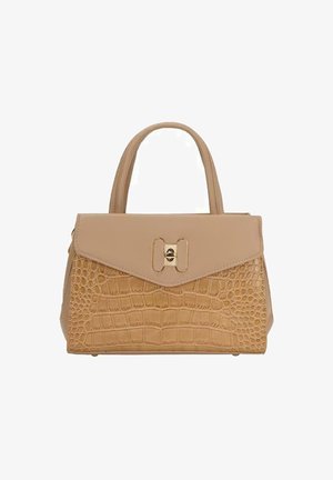 Beige håndtaske med et struktureret krokodilmønster på bunden, glat øverste sektion og en frontlåsdetalje. To korte håndtag.
