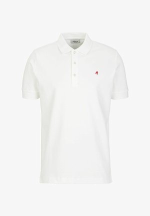 Weißes Poloshirt aus Baumwolle mit klassischem Kragen und drei Knöpfen. Ein kleines rotes "R"-Logo ist auf der linken Brust gestickt.