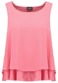 Haut rose sans manches avec un col rond, un ourlet superposé et un tissu léger et lisse. Aucun motif ni élément métallique visible.