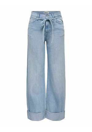 Světle modré džíny s širokými nohavicemi z denimu, zdobené zavázáním v pase a ohrnutými lemy. Klasický pětikapsový design s volným střihem.