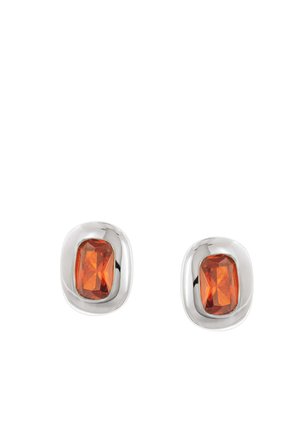 Silver stud earrings each set with a rectangular faceted orange gemstone in a smooth, rounded silver bezel.