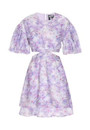 Kwiatowa sukienka w jasnym fioletowym kolorze z bufkami, z wcięciem w talii i rozkloszowanym dołem. Posiada zamek błyskawiczny z tyłu oraz delikatne wzory kwiatowe.