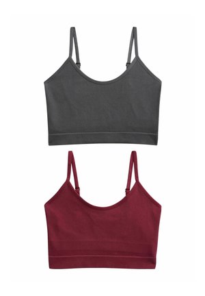 Due bralette senza cuciture: una in grigio scuro e l'altra in bordeaux, entrambe con spalline sottili regolabili, texture a coste e scollature arrotondate.