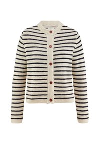 Gestreepte cardigan in roomkleur en marineblauw, met een ronde halslijn, knoopsluiting aan de voorkant, ribgebreide manchetten en een textuurgebreid stof.