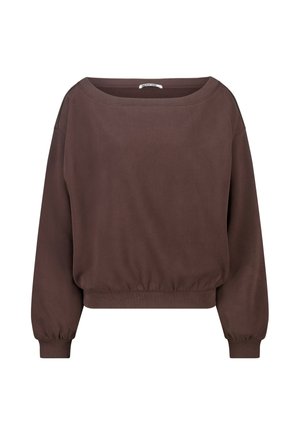 Loszittende donkerbruine lange mouwen trui met een boothals en elastische manchetten en zoom.