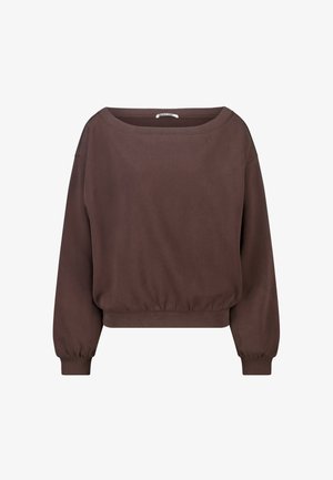 Locker sitzender, dunkelbrauner Langarmpullover mit Bootsausschnitt sowie elastischen Bündchen und Saum.