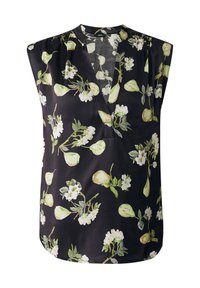 Kortærmet, sort bluse med V-udskæring, prydet med et blomstermønster af grønne pærer og hvide blomster, lavet af letvægtsstof.