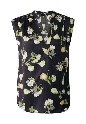 Blouse noire à manches courtes avec un décolleté en V, ornée d'un motif floral de poires vertes et de fleurs blanches, en tissu léger.