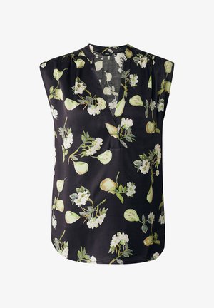 Korte mouwen, zwarte blouse met een V-hals, voorzien van een bloemenpatroon van groene peren en witte bloemen, gemaakt van lichte stof.