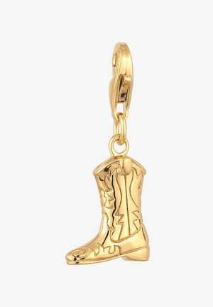 Cowboystiefel-Anhänger in Goldoptik mit geprägten Details und einem Haken zum Befestigen. Der Stiefel hat eine spitze Zehe und dekorative Nähte.