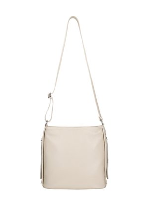 Beige leren schoudertas met een gladde textuur, verstelbare schouderband en een minimalistisch ontwerp. Heeft zijfranje voor een extra detail.