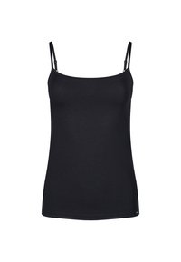 Musta hihaton toppi ohuilla olkaimilla, valmistettu sileästä kankaasta. Istuva malli, pyöreä pääntie ja reunat ommeltu. Yksinkertainen ja monikäyttöinen tyyli.