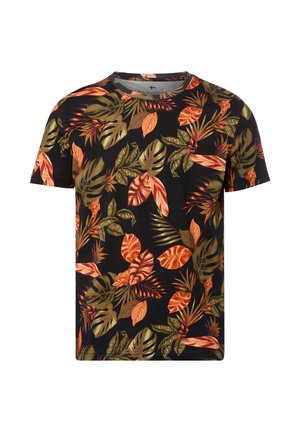 Czarny T-shirt z krótkim rękawem z pomarańczowym i zielonym wzorem tropikalnych liści, okrągły dekolt i luźny krój.