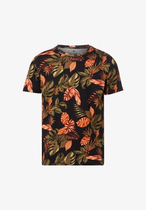 Czarny T-shirt z krótkim rękawem z pomarańczowym i zielonym wzorem tropikalnych liści, okrągły dekolt i luźny krój.