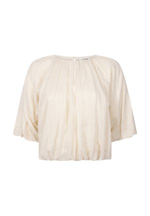 Crème-kleurige blouse met korte pofmouwen, textuurstof, gesmokte taille en een sleutelgat-sluiting op de rug.