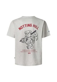 Γκρι βαμβακερό t-shirt με παιχνιδιάρικο γραφικό με μπουλντόγκ, κείμενο "NOTTING HILL" σε κόκκινο και σήμανση "PEPE JEANS LONDON" από κάτω.