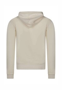 Hoodie beige avec une poche kangourou, des poignets et un ourlet côtelés. Doté d'une capuche avec cordon de serrage et d'un tissu doux et texturé. Vue arrière affichée.