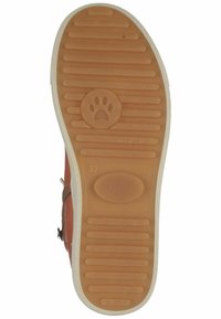Bruine leren zool met verticale groeven, een pootafdruklogo en een maatindicator (37). De zool is beige met een gevoerde textuur.