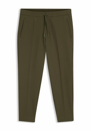 Oliwkowo-zielone spodnie zwężane z elastycznym paskiem i sznurkiem do ściągania, wyposażone w boczne kieszenie i prosty, minimalistyczny design.