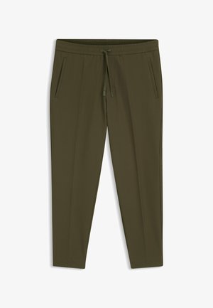 Olivengrønne, tilspidsede bukser med elastisk talje og snøre, med sidelommer og et rent, minimalistisk design.