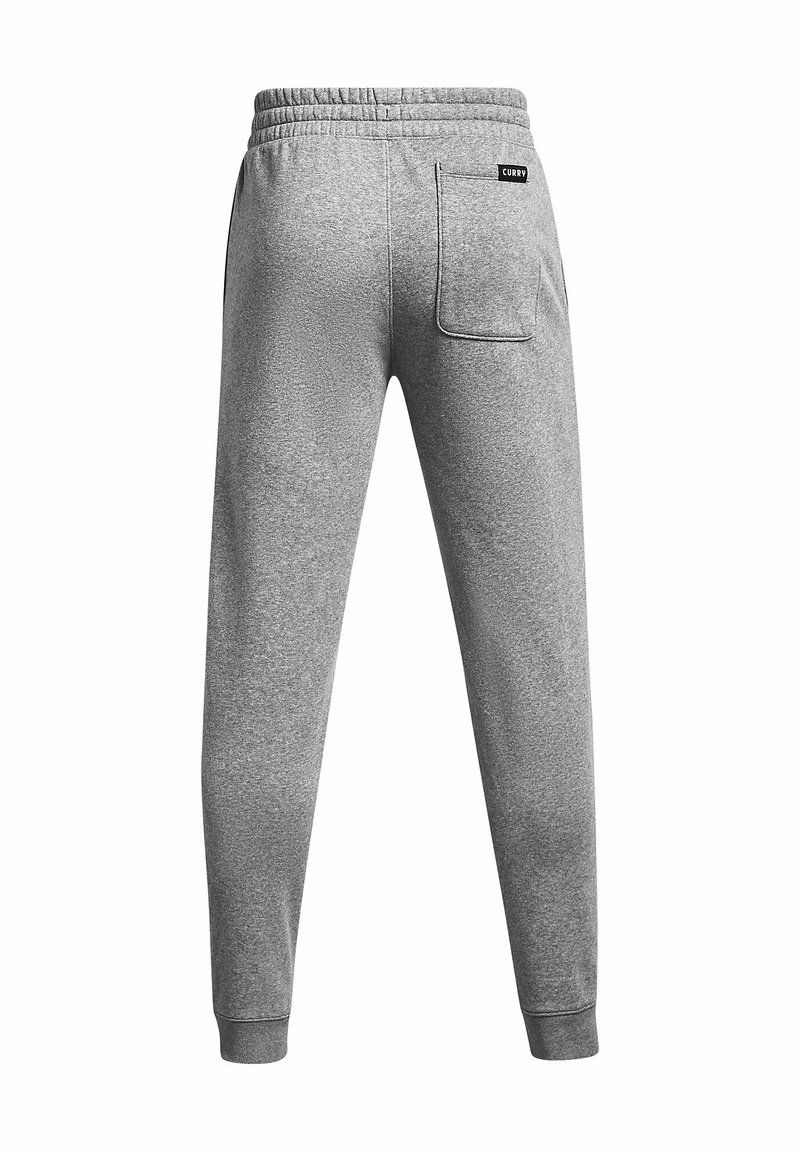 Szare dresowe spodnie z miękką fakturą, elastycznym pasem, zwężanymi nogawkami i jedną tylną kieszenią; posiadają metkę marki na pasie.