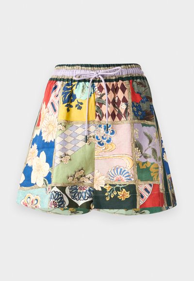 Patchwork shorts with an elastic waistband, featuring floral and geometric patterns in vibrant colors: red, blue, green, pink, and yellow.