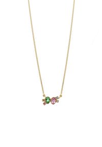 Die goldene Kettenhalsschmuck zeichnet sich durch ein zentrales Design mit zwei ovalen Steinen in Grün und Pink aus, akzentuiert von kleineren klaren und rosa Steinen.