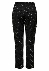 Black straight-leg pants with white polka dots, side cargo pockets, and back welt pockets.