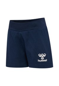 Pantalones cortos deportivos azul marino con una cinturilla ancha y un logotipo en el dobladillo inferior. Hechos de una tela suave y transpirable, ideales para actividades deportivas.