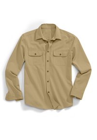 Beige Langarmhemd aus glattem Stoff mit einem Kentkragen, zwei Brusttaschen und braunen Knöpfen zum Schließen.