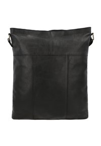 Borsa a tote in pelle nera con una superficie liscia, forma rettangolare e una singola maniglia superiore; presenta dettagli di cucitura minimalisti.