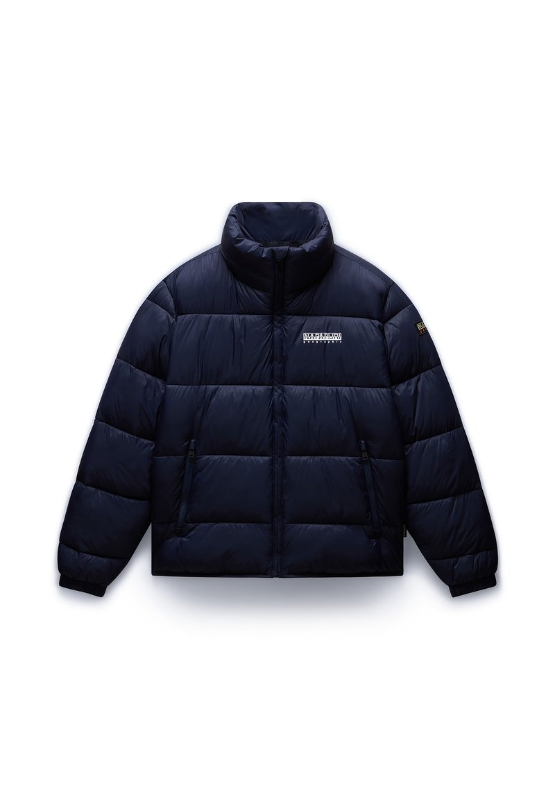 Granatowa kurtka puchowa z wysokim kołnierzem, z poziomymi przeszyciami, kieszeniami na zamek i logo na piersi.