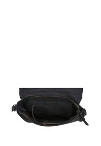 Schwarze Canvas-Crossbody-Tasche mit Lederakzenten, Reißverschluss, Innenfach und verstellbarem Gurt. Das Innere hat eine glatte Textur.