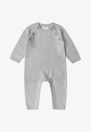 Light gray knitted jumpsuit with long sleeves, ribbed cuffs, and decorative wooden buttons on the shoulder. Soft texture, casual design.