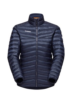 Navy insulated puffer jacket with horizontal quilted pattern, high collar, zip closure, and logo on the chest. Features elastic cuffs.