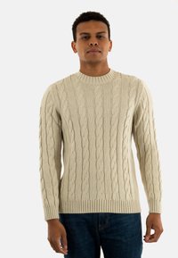 Uomo che indossa un maglione lavorato a maglia beige e jeans blu scuri, in piedi contro uno sfondo bianco uniforme.