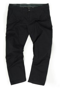 Pantaloni casual neri realizzati in materiale flessibile, dotati di chiusura a bottone, passanti per la cintura e tasche laterali, con una texture liscia e un taglio dritto.