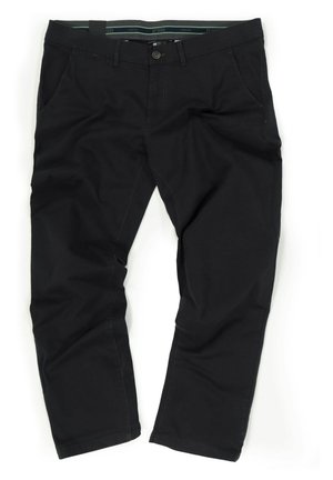 Schwarze lockere Hosen aus flexiblem Material, mit Knopfverschluss, Gürtelschlaufen und Seitentaschen, mit glatter Textur und geradem Schnitt.