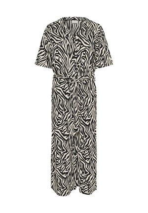 Zwart-wit gestreepte jurk met korte mouwen, een V-halslijn en een strik in de taille. Losse pasvorm en een lange, vloeiende ontwerp.