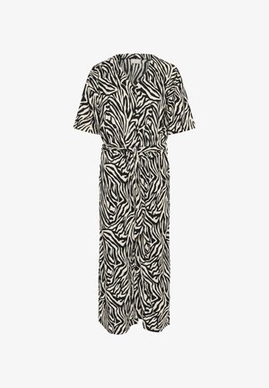 Juoda ir balta zebro rašto suknelė su trumpomis rankovėmis, V formos iškirpte ir rišamu juosmeniu. Laidūs ir ilgi, plazdantys dizainai.