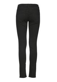 Jean skinny noir vu de dos, avec deux poches arrière, passants de ceinture et une fermeture par bouton à la taille.