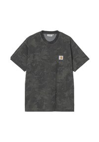 Szary t-shirt w kamuflażu wykonany z bawełny. Krótkie rękawy, okrągły dekolt, z małą naszywką z logo po lewej stronie klatki piersiowej. Miękka tekstura.