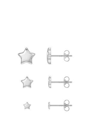 Tre par sølvørestikker formet som stjerner i små, mellemstore og store størrelser vist forfra og fra siden på en hvid baggrund.