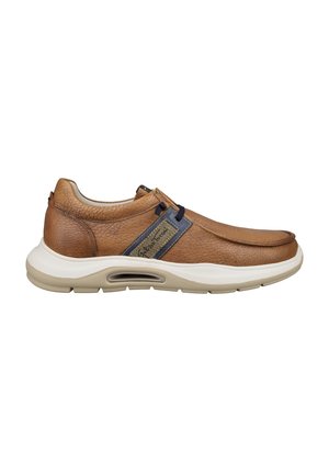 Brown leather slip-on casual shoe with white cushioned sole and side tab with decorative stitching and label.