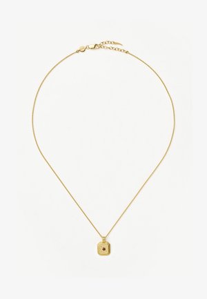 Kuldne kaelakee, millel on ruudukujuline ripats tekstuuriga päikesepaiste disainiga ja väikese punase vääriskiviga keskel, ripub peene ahela küljes.