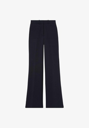 Pantaloni a gamba larga blu navy con una texture liscia. Presentano una vita sartoriale e due tasche posteriori. Linee pulite e design minimal.