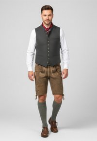 Gilet grigio con bottoni, camicia bianca, lederhosen marroni con ricami, calze grigie fino al ginocchio e scarpe marroni.