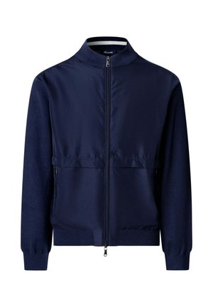 Veste bomber bleu marine avec col, poignets et bas côtelés, fermeture éclair frontale complète et poches latérales zippées.